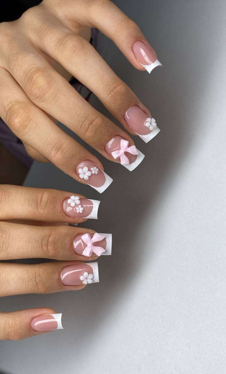 French nails with 3D bows